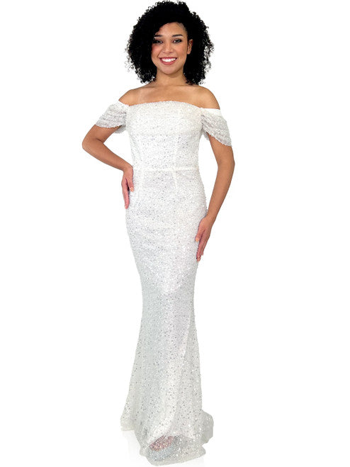 This Marc Defang 8228 dress is an elegant, fitted off-the-shoulder design, featuring a detachable overskirt and ornate pearl, sequin, and beaded detailing. It's perfect for a unique prom, pageant, or wedding look. Corset back  Sizes: 00-16  Colors: Hot Pink, White  *Allow 30 days production