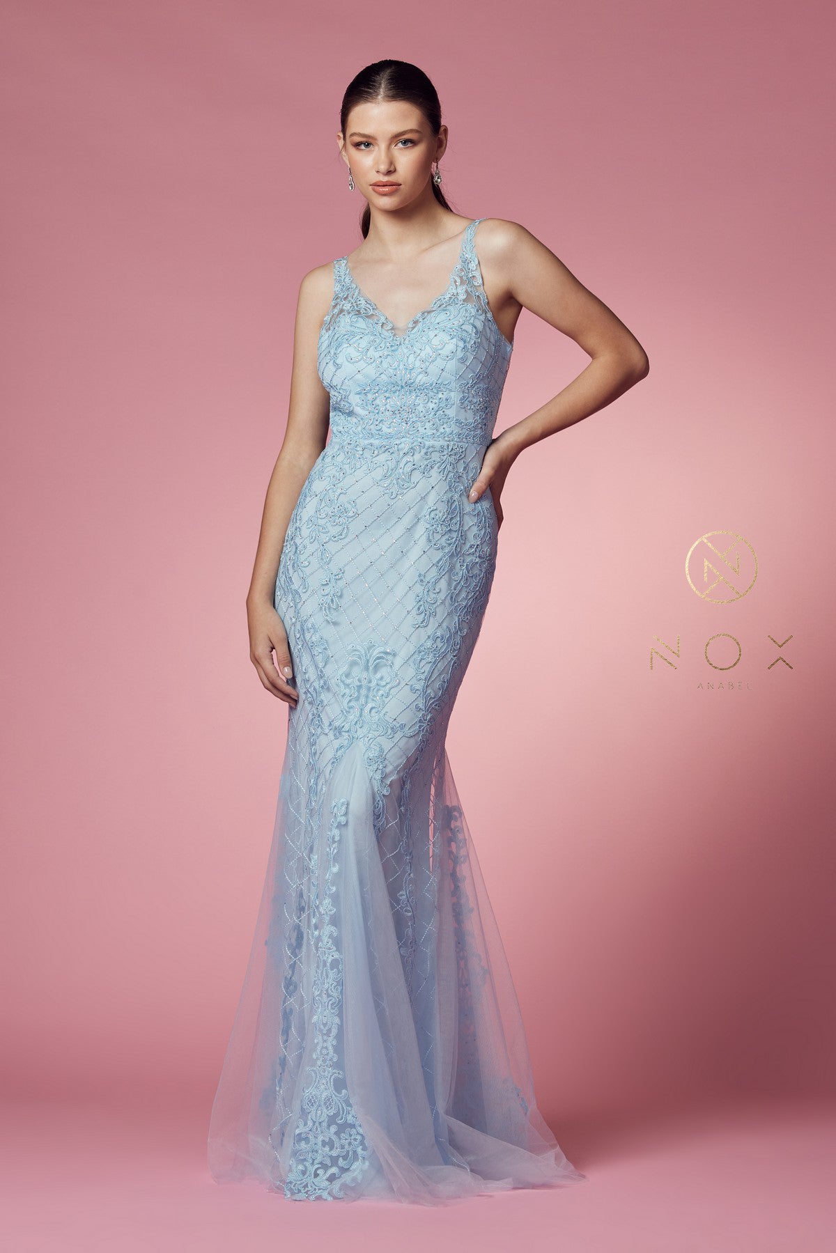 Nox Anabel A398 Long Embellished Lace Formal Evening Gown Prom Dress Wedding Guest Fulfill your wish to look like a princess with this long mermaid dress. The full-length dress comes with a deep V-neck design and an open back which makes it an excellent attire to wear at a party. The front and back have alluring embroidery  Available Sizes: 2-16  Available Colors: Burgundy, Gold, Navy Blue, Rose, Black, Lemon, Light Blue, Green