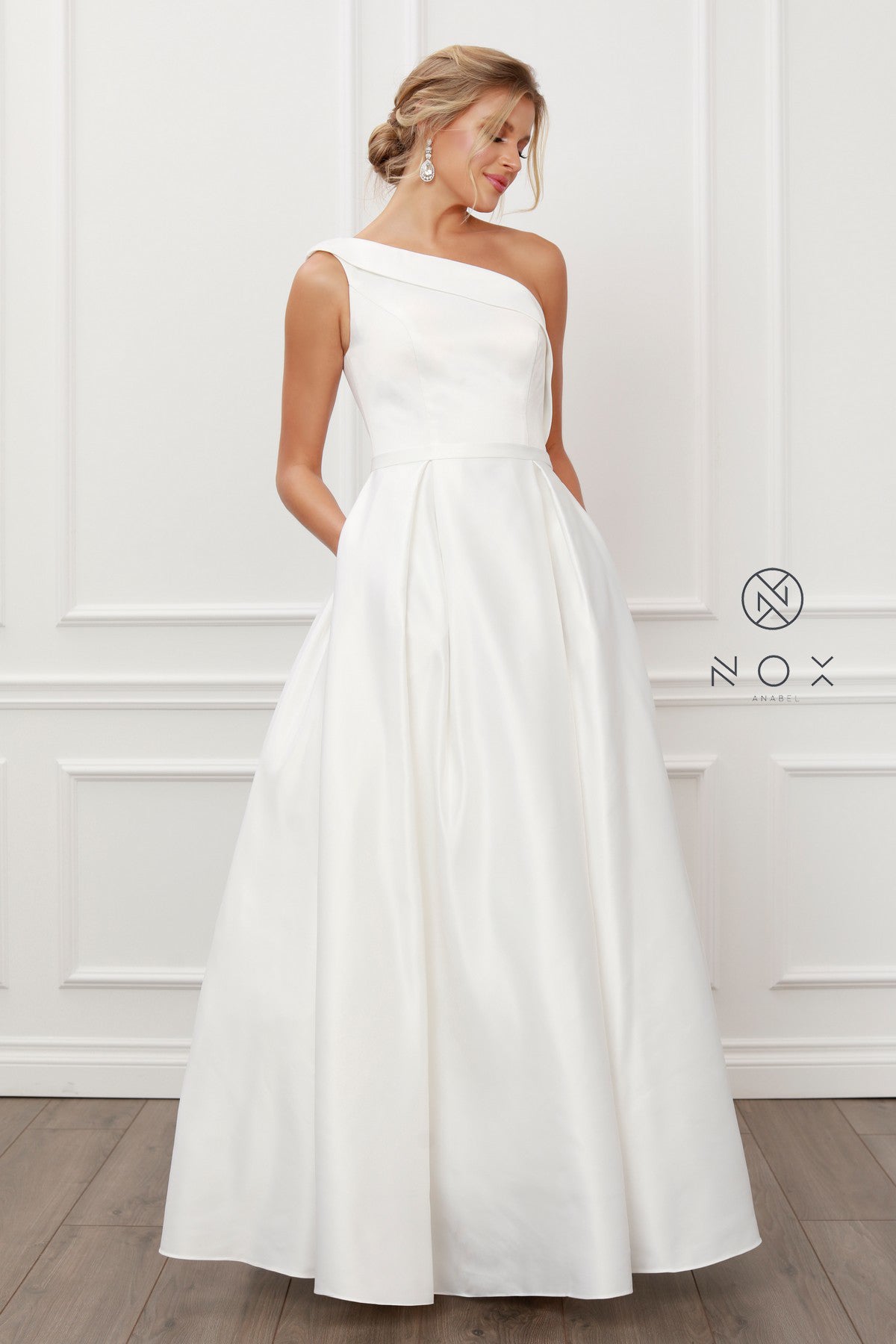 Nox Anabel E469 White Wedding Dress Formal Gown One Shoulder A line