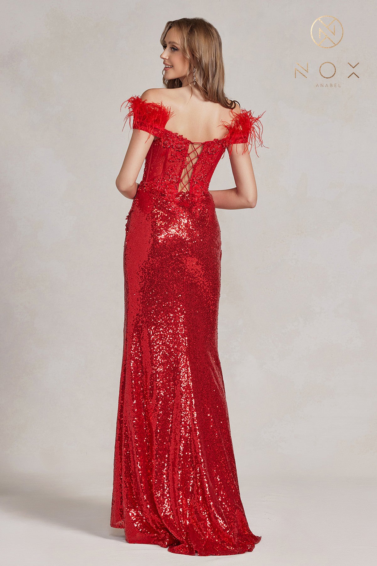 Nox Anabel S1229 Size 00 Red Long Lace Maxi Slit Prom Dress Sheer Corset off the Shoulder Feather Dress Prom