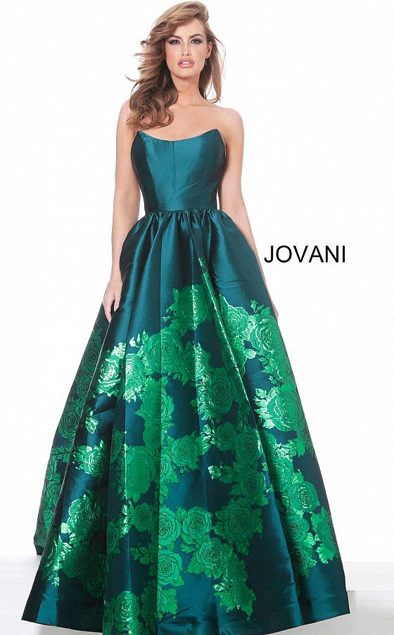 Jovani 02038 Floral Print Ballgown with Slit Evening Dress Prom Dress V Points Neckline  Floral print A-line prom gown, ruched at waist, high slit, floor length, sweeping train, strapless bodice, scoop neckline with V points.