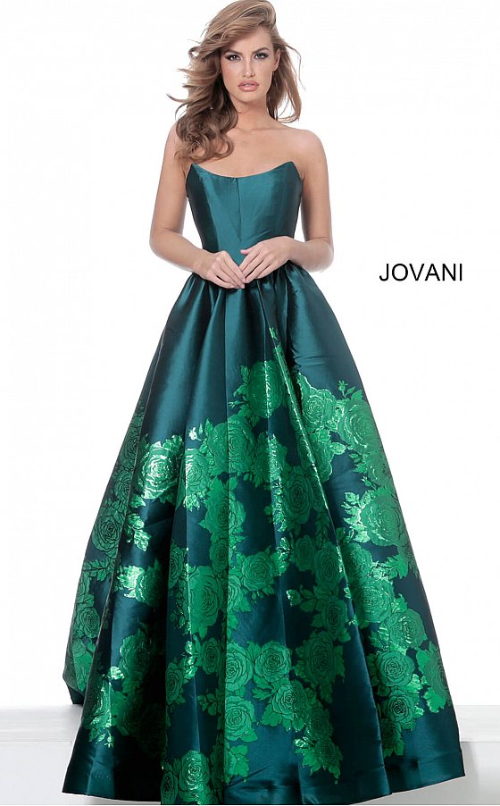 Jovani 02038 Floral Print Ballgown with Slit Evening Dress Prom Dress V Points Neckline  Floral print A-line prom gown, ruched at waist, high slit, floor length, sweeping train, strapless bodice, scoop neckline with V points.