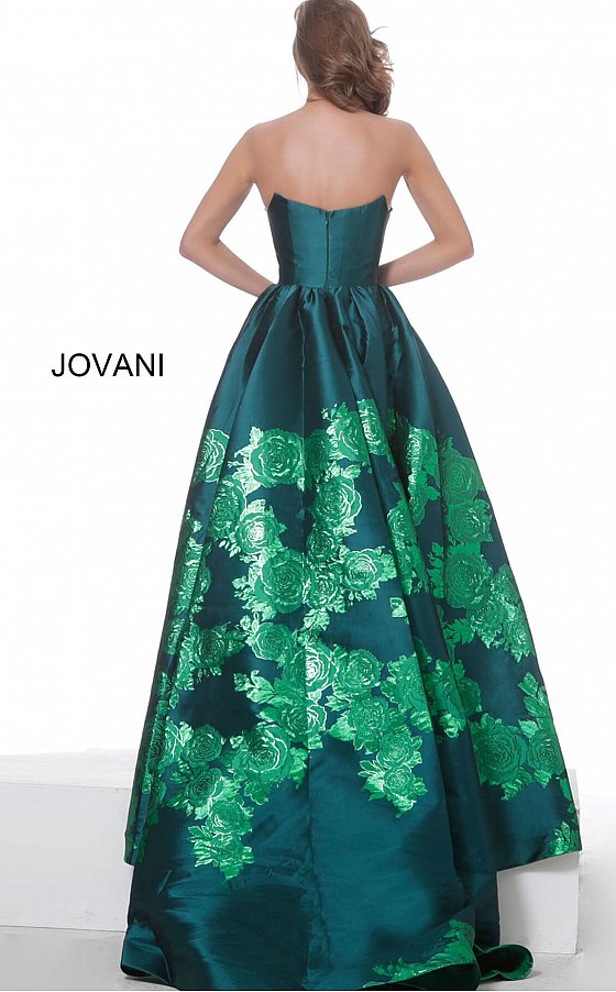 Jovani 02038 Floral Print Ballgown with Slit Evening Dress Prom Dress V Points Neckline  Floral print A-line prom gown, ruched at waist, high slit, floor length, sweeping train, strapless bodice, scoop neckline with V points.