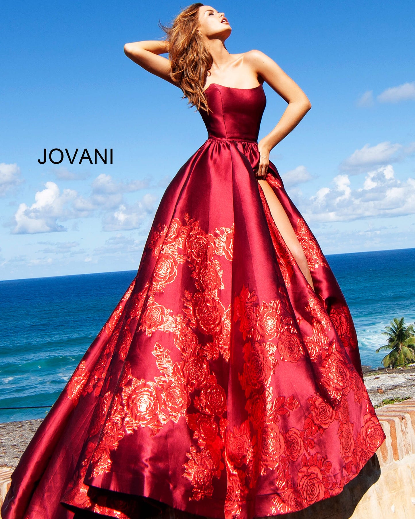 Jovani 02038 Floral Print Ballgown with Slit Evening Dress Prom Dress V Points Neckline  Floral print A-line prom gown, ruched at waist, high slit, floor length, sweeping train, strapless bodice, scoop neckline with V points.