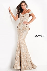 Jovani 02762 Gold Embellished Off the Shoulder Mother of the Bride Dress Peplum