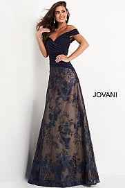 Jovani 02852 Floor length A line navy mother of the bride dress features embroidered skirt and off the shoulder pleated bodice with asymmetric drop waist.  Formal Evening gown.