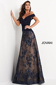 Jovani 02852 Floor length A line navy mother of the bride dress features embroidered skirt and off the shoulder pleated bodice with asymmetric drop waist.  Formal Evening gown.