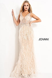 Jovani 03023 is a Long Feather Prom Dress, Pageant Gown, Wedding Dress & Formal Evening Wear Gown.  The Sheer embellished bodice features a plunging v neckline with beading & crystal accents cascading through a feather embellished skirt. Very stunning and unique wedding dress! 