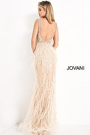 Jovani 03023 is a Long Feather Prom Dress, Pageant Gown, Wedding Dress & Formal Evening Wear Gown.  The Sheer embellished bodice features a plunging v neckline with beading & crystal accents cascading through a feather embellished skirt. Very stunning and unique wedding dress! 