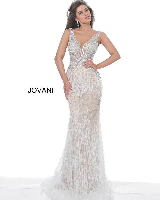 Jovani 03023 is a 2021 Prom Dress, Pageant Gown, Wedding Dress & Formal Evening wear. This Sheer embellished bodice features a plunging v neckline with beading & crystal accents cascading through a feather embellished skirt. Very stunning and unique wedding dress!   Available Colors: Off White, Blush, Black  Available Sizes: 00-24