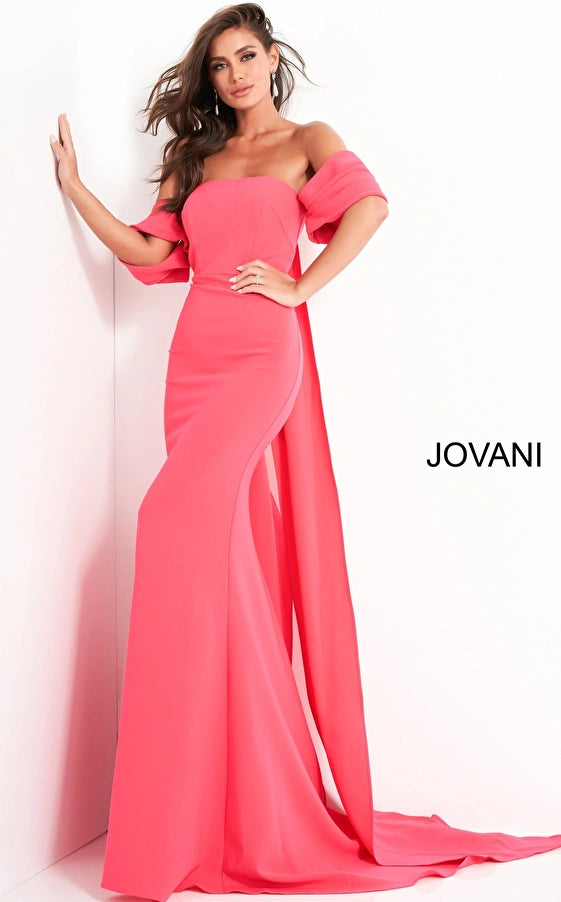 Jovani 04350 Off the shoulder crepe evening dress with cape train