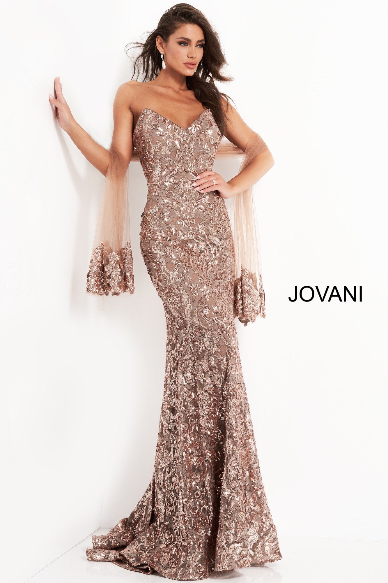 Jovani 05054 Long Strapless Sequins Formal Evening Gown Pageant Shaw Pageant Mother Of Floor length form fitting copper sequin embellished Jovani mother of the bride dress 05054 with matching shawl features strapless bodice with V neck.  Sizes: 00-24  Colors: Copper, Navy