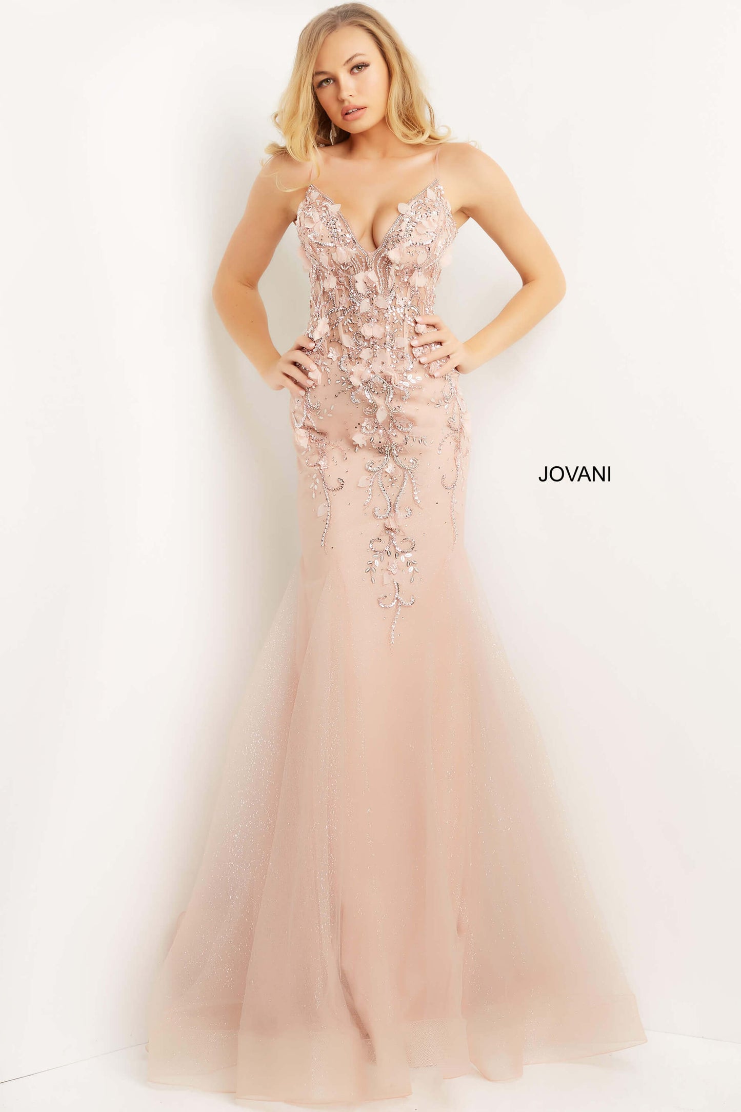 Jovani 05839 Long Mermaids Prom Pageant Gown  Formal Dress Floral V Neck   Available Size-00-24  Available Color- Blush, Burgundy, Charcoal, Navy/Navy, Nude/Silver, Periwinkle, Red, White/Gold/Silver, White/Black/Silver, White