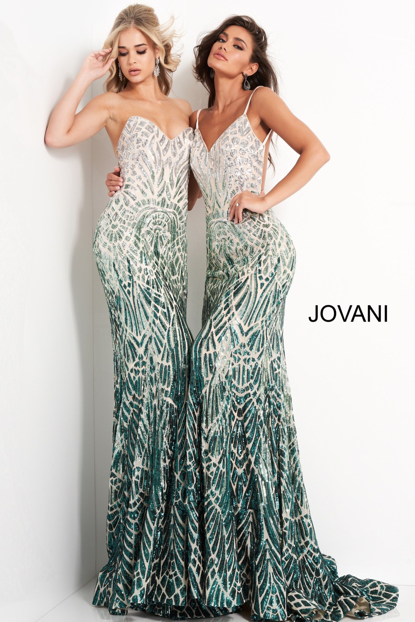 Jovani 06450 is a Gorgeous Long Fitted mermaid Formal evening gown. This Prom Dress Features an open Back with spaghetti straps. Ombre Sequin Color Shift on this Mermaid Pageant Dress. Lush Trumpet skirt with a sweeping train. Fully Embellished sequin Geometric pattern to accentuate any figure! Available Sizes: 00,0,2,4,6,8,10,12,14,16,18,20,22,24 Available Colors: silver/cafe, silver/green