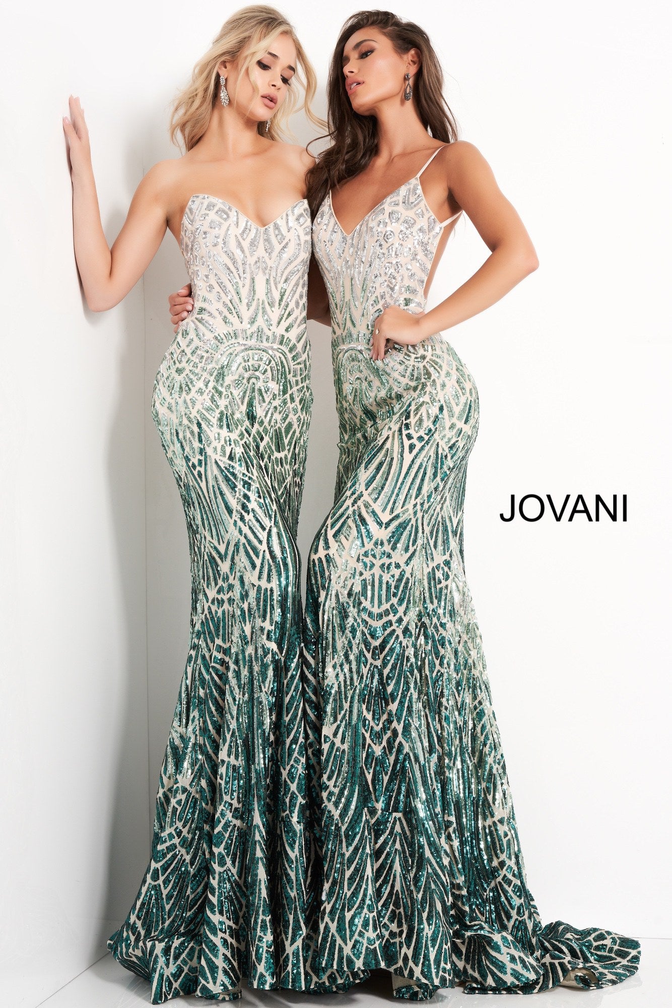 Jovani 06459 is a long fitted Formal Evening Gown. This Strapless Prom Dress Features a Backless open back with a corset style lace up closure. Peak point strapless neckline. Fully Embellished with Sequins in a cascading geometric pattern in an Ombre Design. Lush trumpet skirt with a sweeping train. Perfect for pageants! Available Sizes: 00,0,2,4,6,8,10,12,14,16,18,20,22,24  Available Colors: Silver/Cafe, Silver/Green