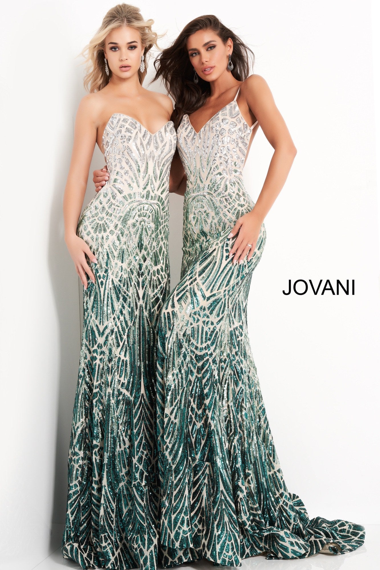 Jovani 06459 is a long fitted Formal Evening Gown. This Strapless Prom Dress Features a Backless open back with a corset style lace up closure. Peak point strapless neckline. Fully Embellished with Sequins in a cascading geometric pattern in an Ombre Design. Lush trumpet skirt with a sweeping train. Perfect for pageants! Available Sizes: 00,0,2,4,6,8,10,12,14,16,18,20,22,24  Available Colors: Silver/Cafe, Silver/Green