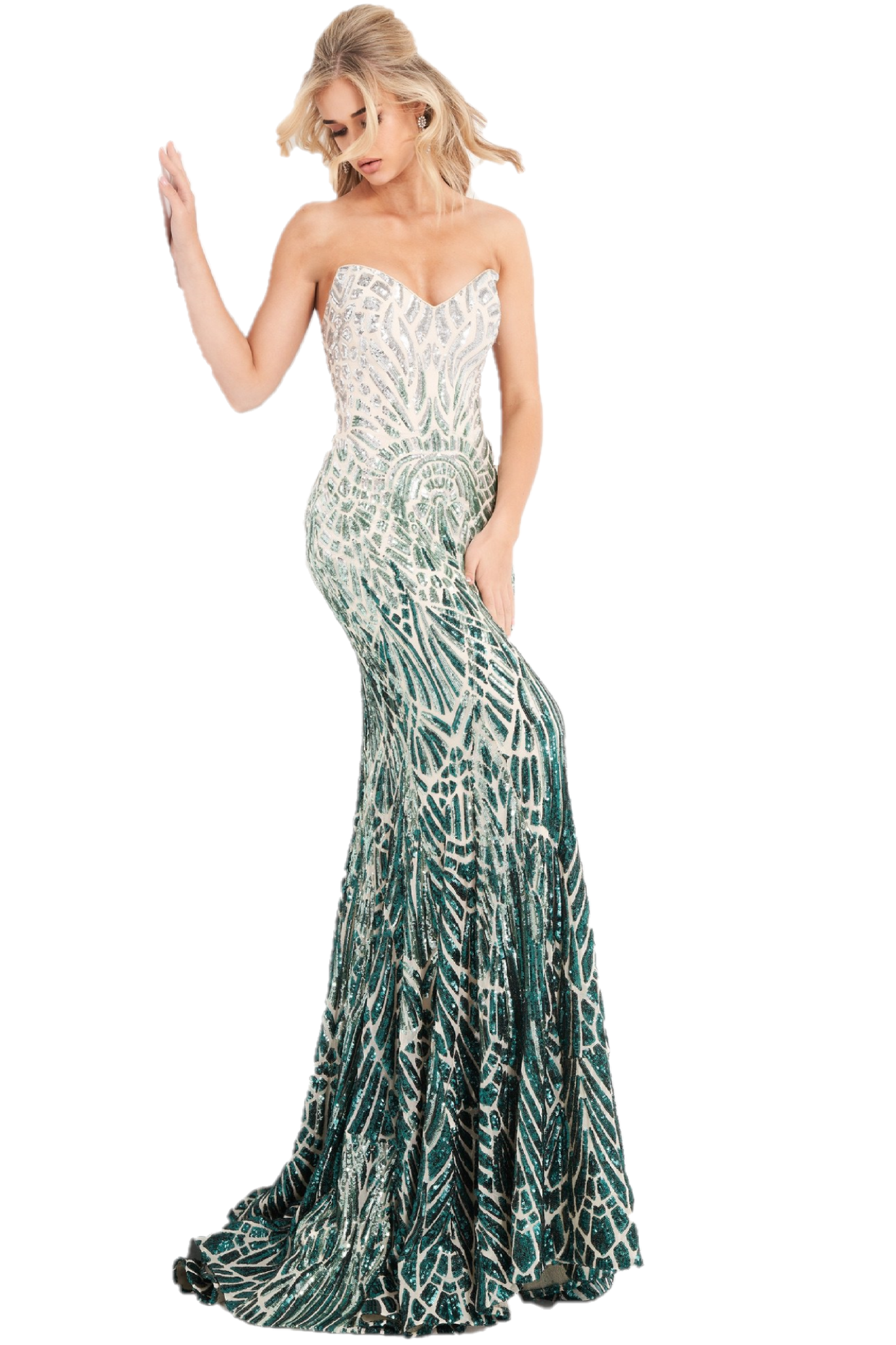 Jovani 06459 is a long fitted Formal Evening Gown. This Strapless Prom Dress Features a Backless open back with a corset style lace up closure. Peak point strapless neckline. Fully Embellished with Sequins in a cascading geometric pattern in an Ombre Design. Lush trumpet skirt with a sweeping train. Perfect for pageants! Available Sizes: 00,0,2,4,6,8,10,12,14,16,18,20,22,24  Available Colors: Silver/Cafe, Silver/Green