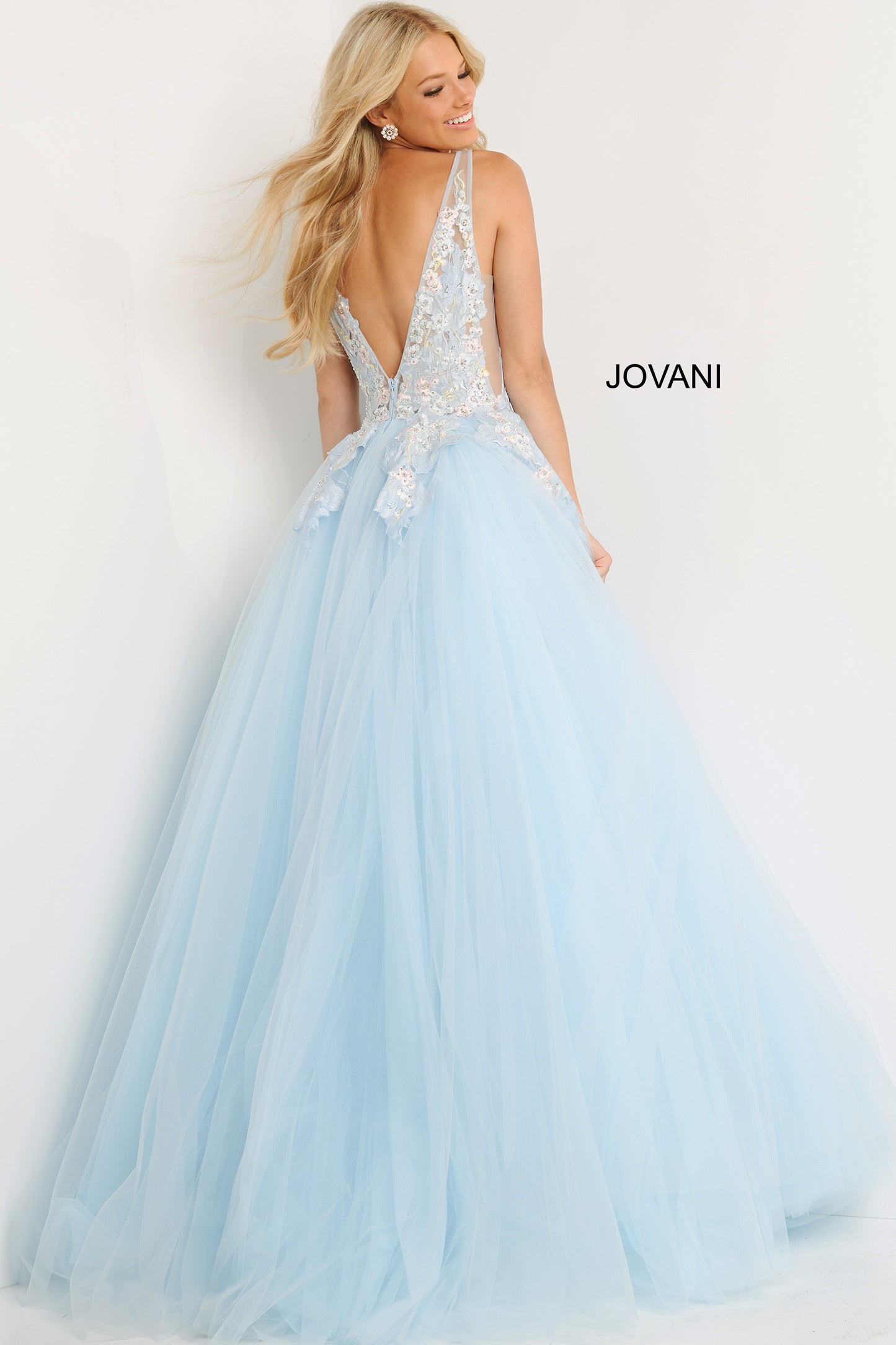 Jovani Prom Dress 06808 Light Blue Floral Lace Long Ball gown