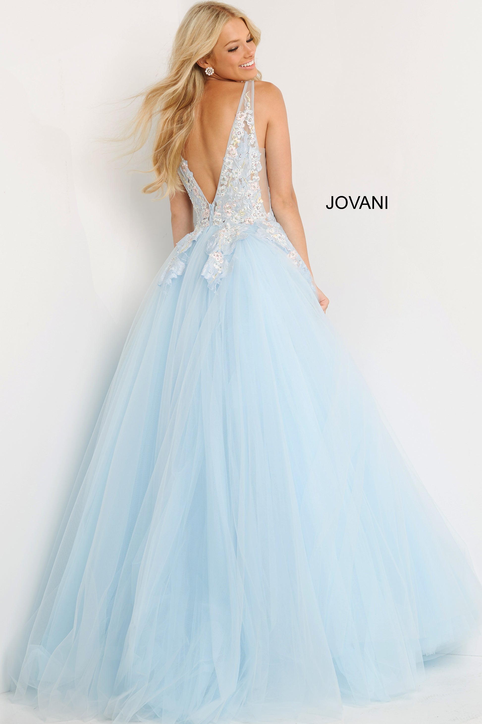 Jovani Prom Dress 06808 Light Blue Floral Lace Long Ball gown