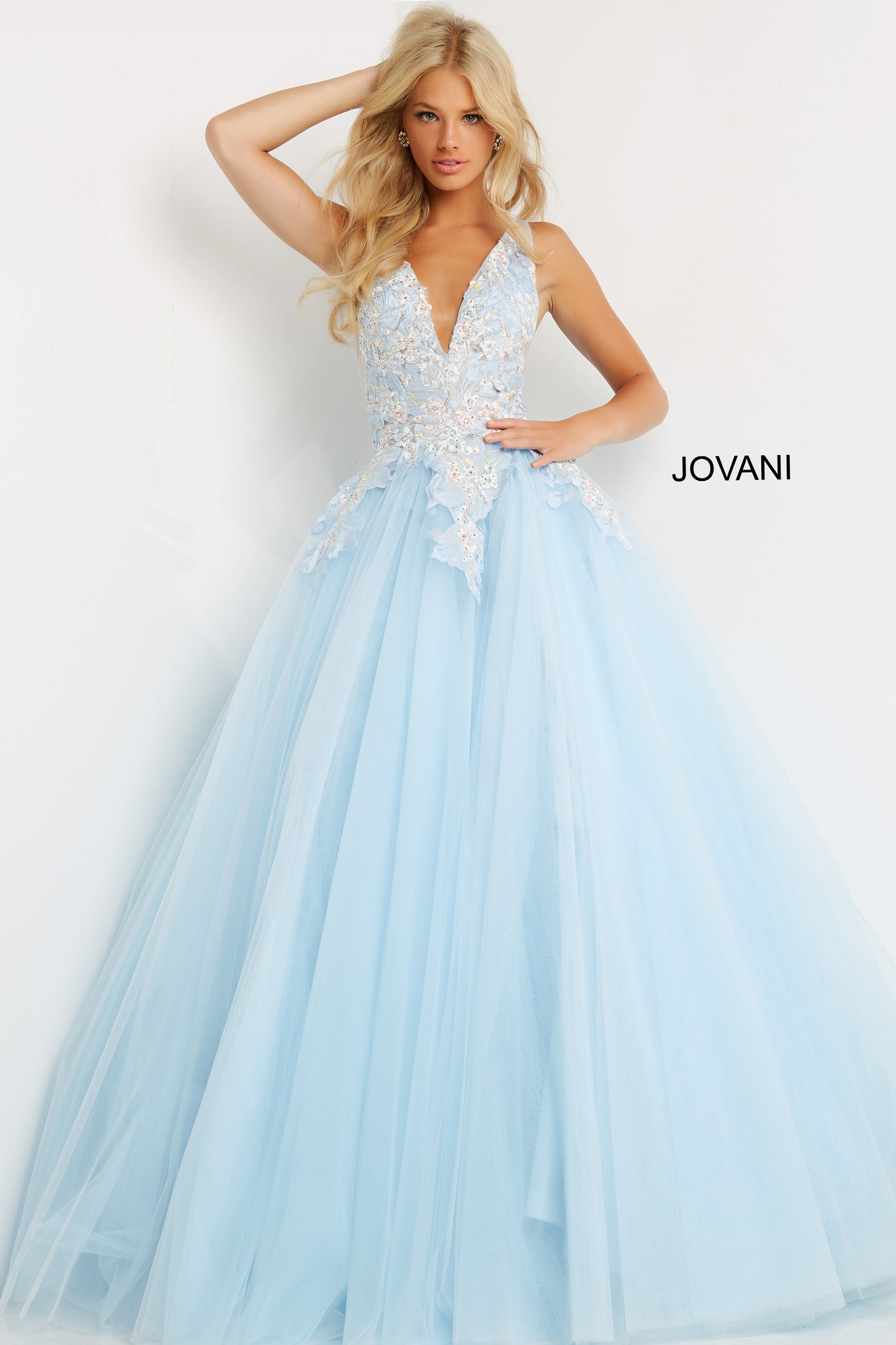 Jovani Prom Dress 06808 Light Blue Floral Lace Long Ball gown