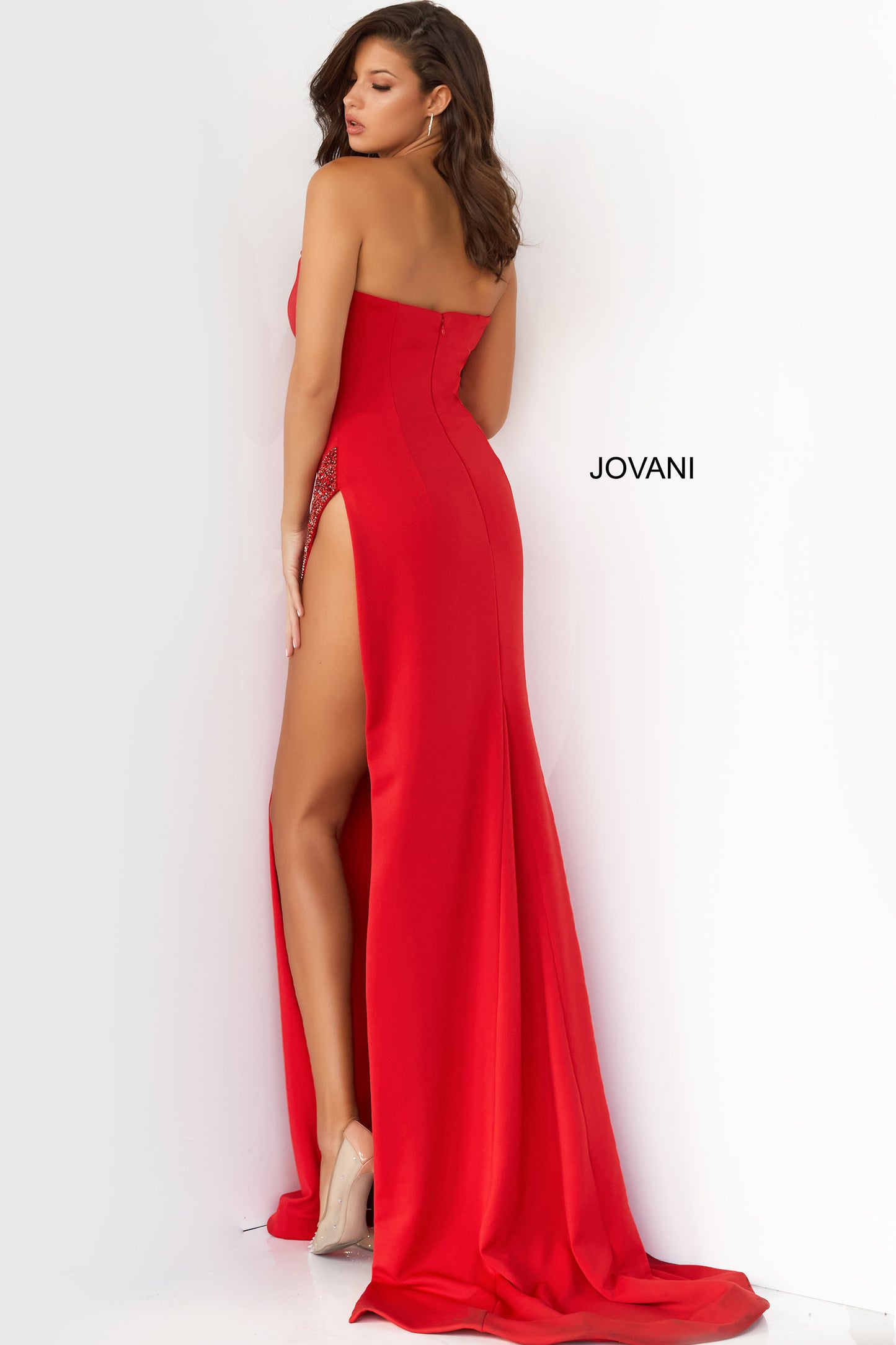 Jovani 07138 Prom Dress Strapless V Neckline Embellished High Side Slit Evening Gown