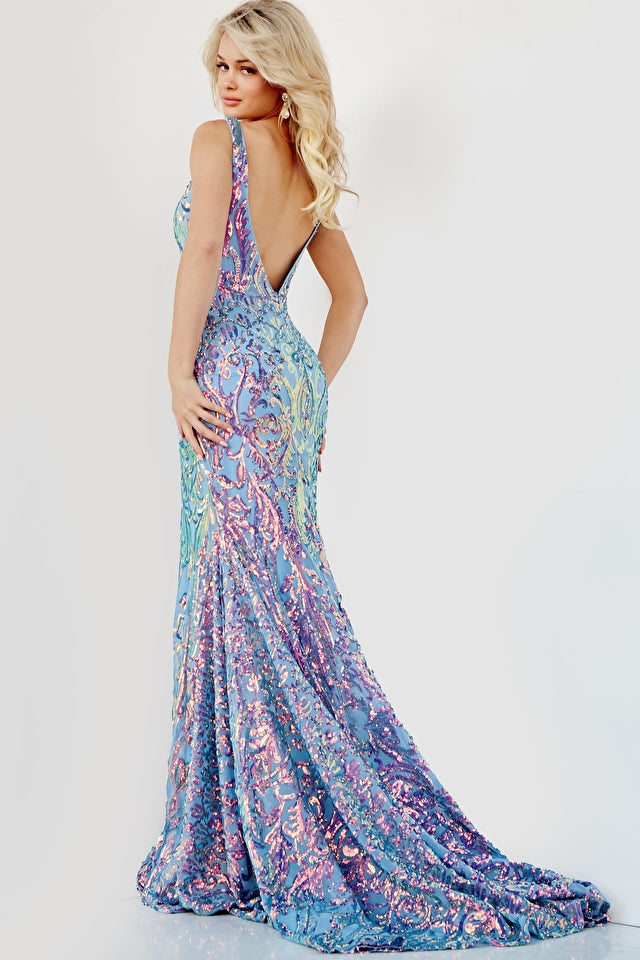 Jovani 08099 Long Fitted Iridescent Sequin Mermaid Prom Dress V Neck Formal Gown  Details: Iridescent sequin over stretch fabric, floor length skirt with train, form-fitting silhouette, sleeveless bodice with illusion sides, V neck, and open V back. Available colors: iridescent blue, white/multi Fit: The Model is 5'9" and Wearing 3" Heels.  Fabric: Prom and Wedding guest