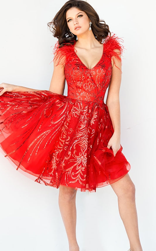 Jovani 09466 Short Fit & Flare Red Feather Embellished Cocktail Dress Formal Glitter V Neck Gown  Available Color: Red  Available Sizes: 00-24