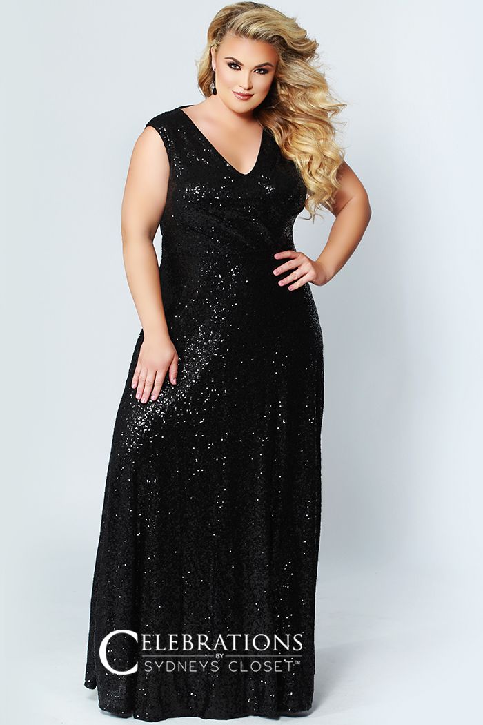 Sydney's Closet CE1801 - Long Sequin Plus Size Prom Dress. Look red-carpet ready in this glamorous plus size floor-length sequin evening gown. This contemporary sleeveless sequin gown design features bra-friendly straps and a sexy V-neckline. Soft knit lining stretches for an oh-so-comfy fit! Soft-draped bodice accentuates your curves. You’ll be photographed like a movie star at Prom, a Military Ball, or Gala. City Lights  Celebrations CE 1801