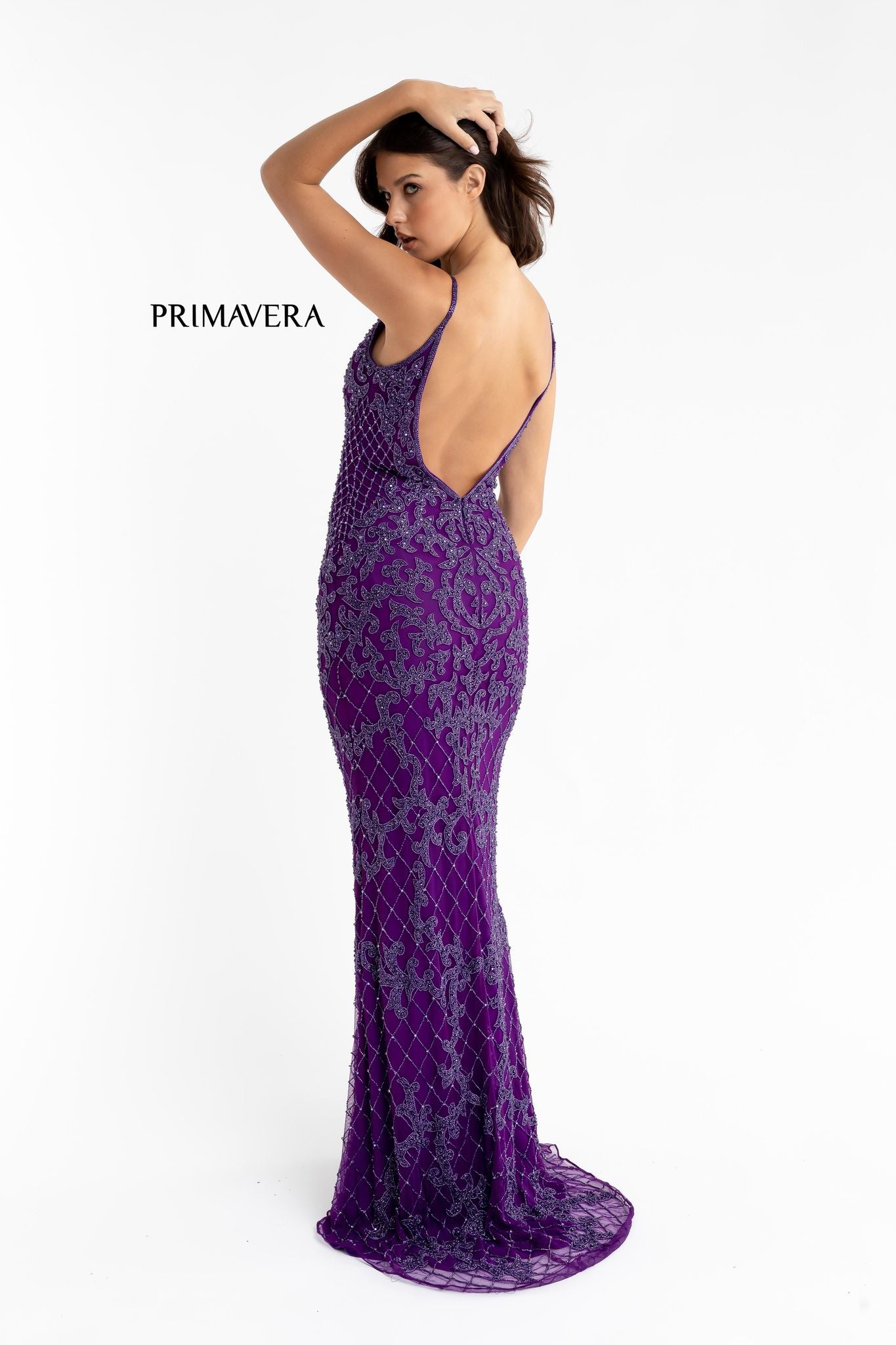 Primavera Couture 3433 Size 12 Purple Long v neckline sequin prom dress embellished straight skirt