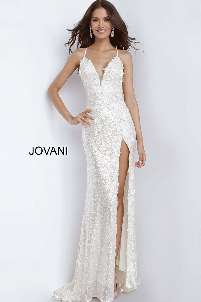 Jovani 1012 Size 0, 4 White Sequin Fitted Formal Prom Dress Slit Pageant Backless Floral Bodice