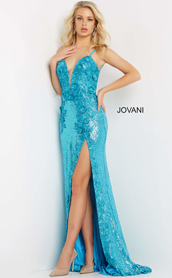 Jovani 1012 Prom Dress Long Sequin Floral Appliques Pageant Gown Slit Backless