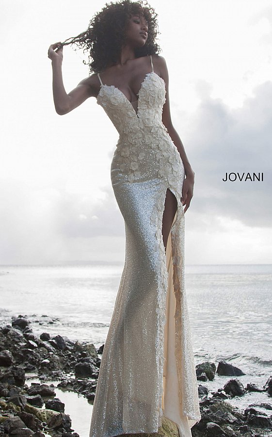 Jovani 1012 Size 0, 4 White Sequin Fitted Formal Prom Dress Slit Pageant Backless Floral Bodice