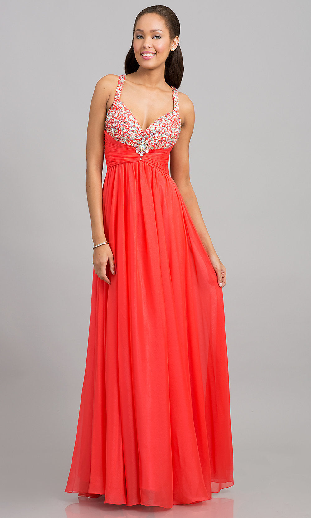 Nina Canacci 1040 Size 6 Coral Long A Line Prom Dress Embellished Babydoll Gown