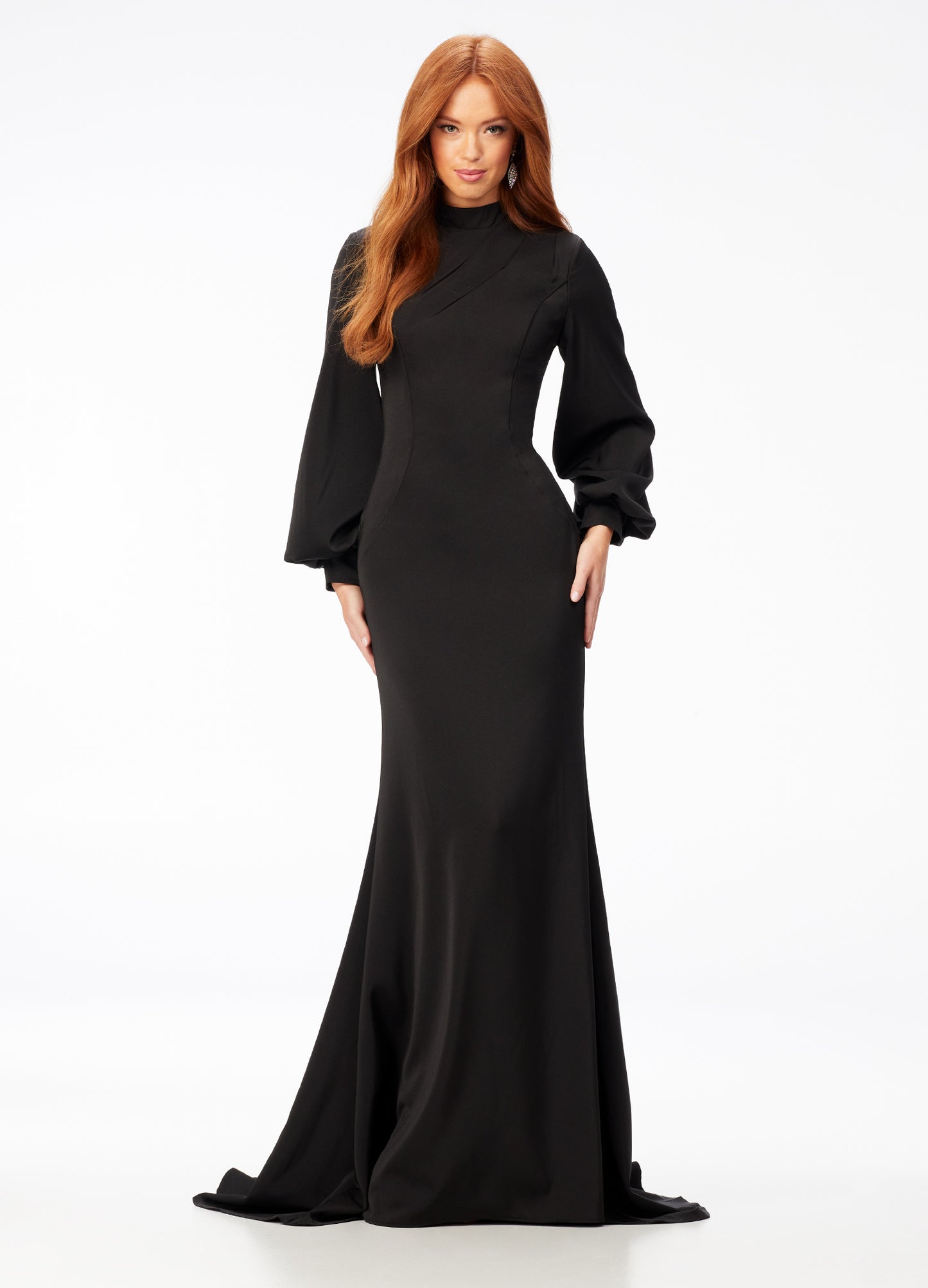 Ashley Lauren 11219  This ultra glamour high neckline crepe gown features balloon seleves and contoured seaming to provide the perfect silhouette. The back features an exposed zipper and sweep train.