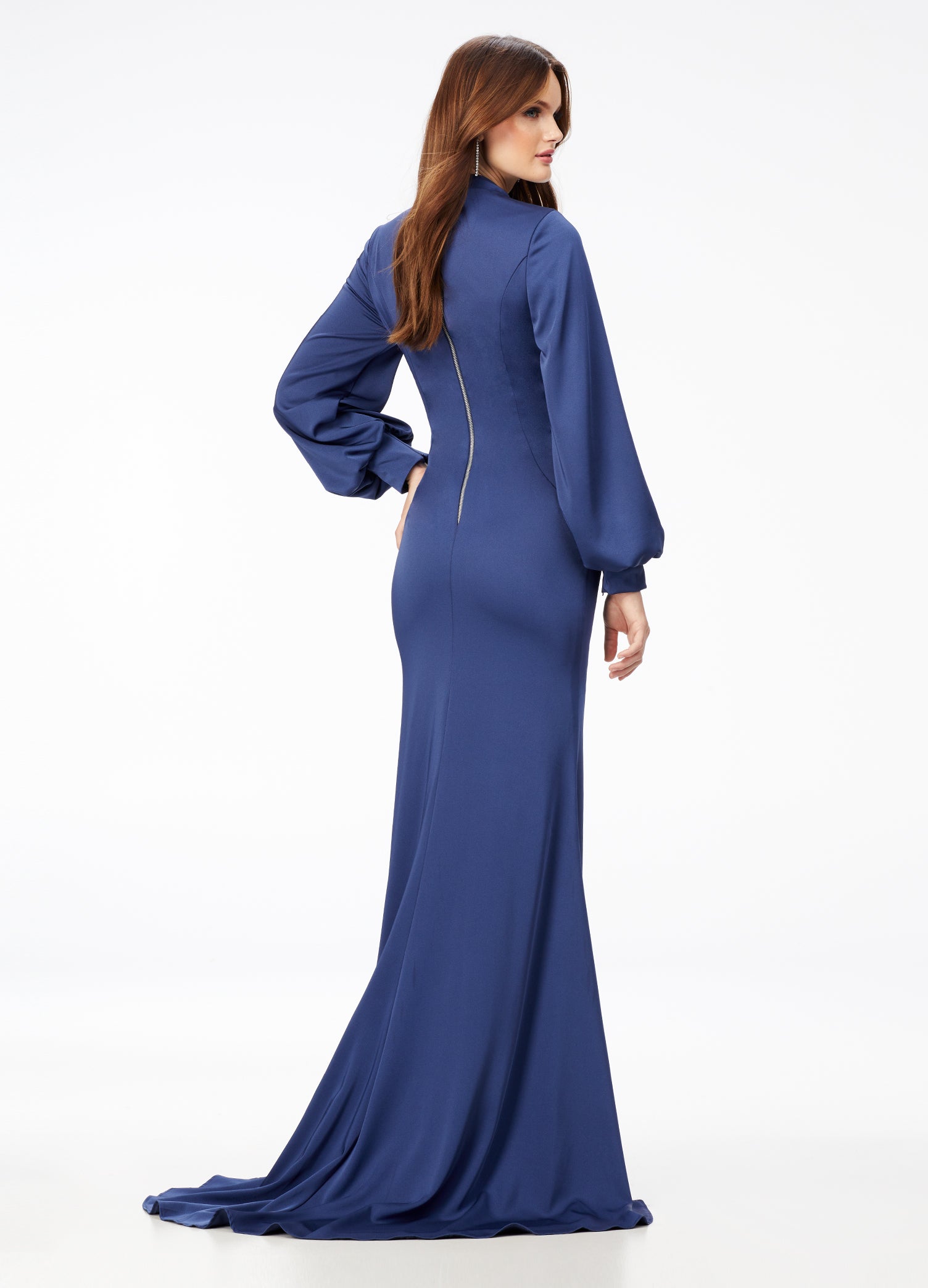 Ashley Lauren 11219  This ultra glamour high neckline crepe gown features balloon seleves and contoured seaming to provide the perfect silhouette. The back features an exposed zipper and sweep train.