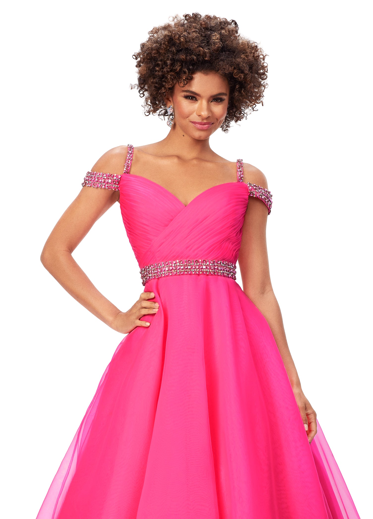 Ashley Lauren 11221 Dazzle in this off shoulder organza ball gown. The wrap bustier is complete with ruching and the spaghetti straps, off shoulder straps and belt are encrusted with rhinestones.