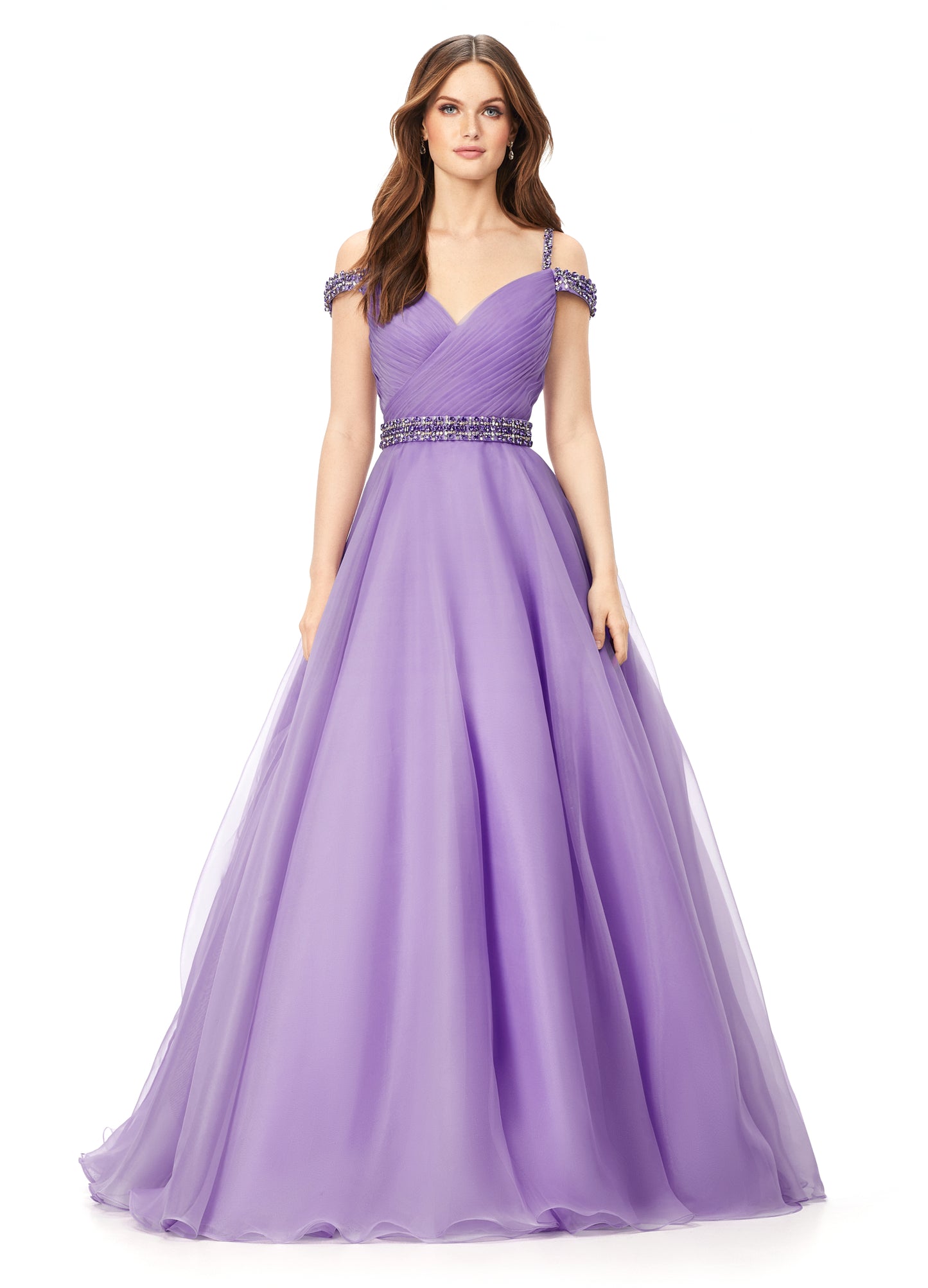 Ashley Lauren 11221 Dazzle in this off shoulder organza ball gown. The wrap bustier is complete with ruching and the spaghetti straps, off shoulder straps and belt are encrusted with rhinestones.