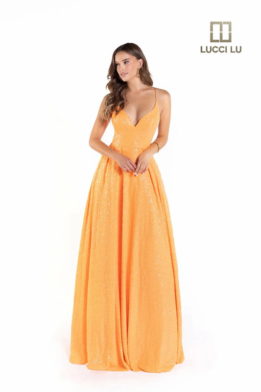 Lucci Lu Sequin Neon A Line Ballgown Backless Corset Prom Dress Pockets Formal Gown   Sizes: 00-16  Colors: Orange, Neon Pink, Bubblegum Pink, Dolphin Blue