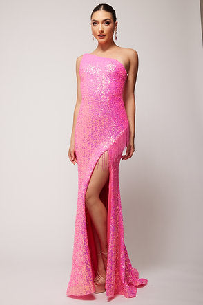 Vienna Prom Dress 8857 Fuchsia One Shoulder Evening Gown with Fringe Slit that Runs up the Side of the Dress to the Hip and Spaghetti Straps Down the Back Vienna Prom Dress 8857 Size 10 Fuchsia Sequin One Shoulder Prom Dress Fringe Slit Gown  Size: 10  Color: Fuchsia