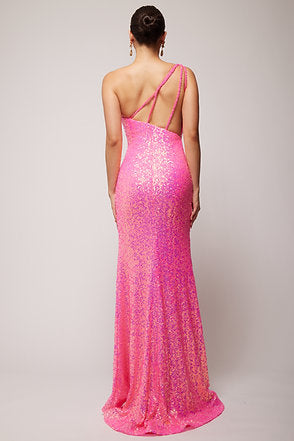 Vienna Prom Dress 8857 Fuchsia One Shoulder Evening Gown with Fringe Slit that Runs up the Side of the Dress to the Hip and Spaghetti Straps Down the Back Vienna Prom Dress 8857 Size 10 Fuchsia Sequin One Shoulder Prom Dress Fringe Slit Gown  Size: 10  Color: Fuchsia