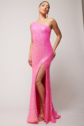 Vienna Prom Dress 8857 Fuchsia One Shoulder Evening Gown with Fringe Slit that Runs up the Side of the Dress to the Hip and Spaghetti Straps Down the Back Vienna Prom Dress 8857 Size 10 Fuchsia Sequin One Shoulder Prom Dress Fringe Slit Gown  Size: 10  Color: Fuchsia