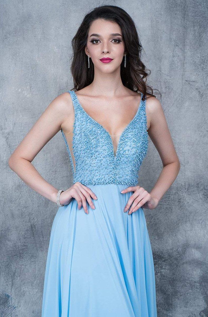 Nina Canacci 1336 Size 4 Long A Line Prom Dress Embellished V Neck Bodice Blue