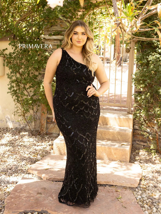 Primavera Couture 14002 Long Beaded Sequin Plus Size One Shoulder Prom Dress Formal Gown Curvy  Sizes: 14-24  Colors: LIGHT TURQUOISE, NEON PINK, ROYAL BLUE, BLACK, RED