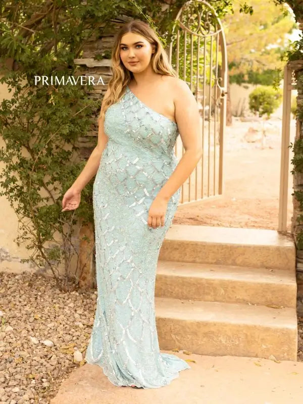 Primavera Couture 14002 Long Beaded Sequin Plus Size One Shoulder Prom Dress Formal Gown Curvy  Sizes: 14-24  Colors: LIGHT TURQUOISE, NEON PINK, ROYAL BLUE, BLACK, RED