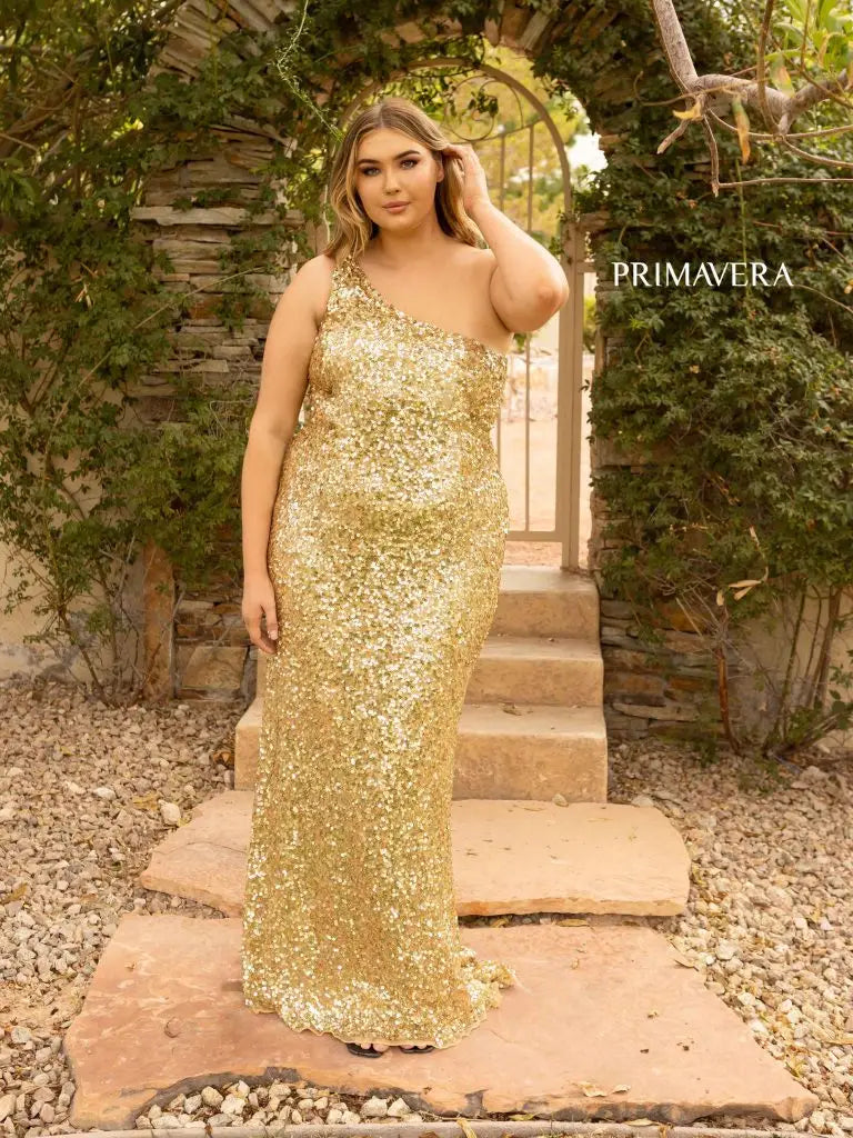 Primavera Couture 14004 Long Fitted One Shoulder Sequin Plus Size Prom Dress Formal Gown  Sizes: 000,00,0,2,4,6,8,10,12,14,16,18,20,22,24  Colors: NEON SAGE, BRIGHT BLUE, NEON PINK, RED, GOLD, BABY PINK, ORANGE