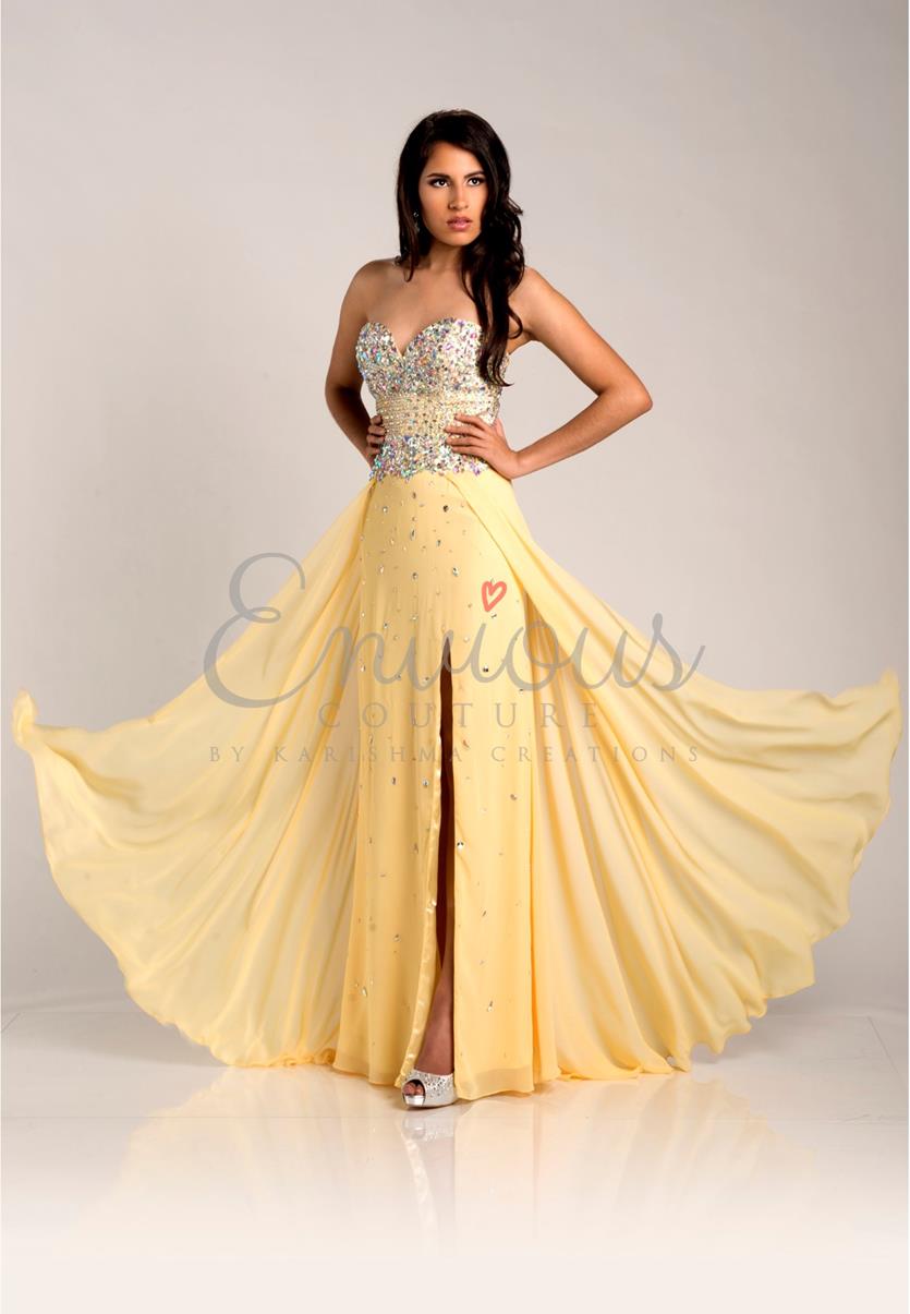 Envious Couture 15211 yellow sizes 0, 2, 16 embellished sweetheart neckline flowy chiffon A line prom dress with side slit evening gown pageant gown 