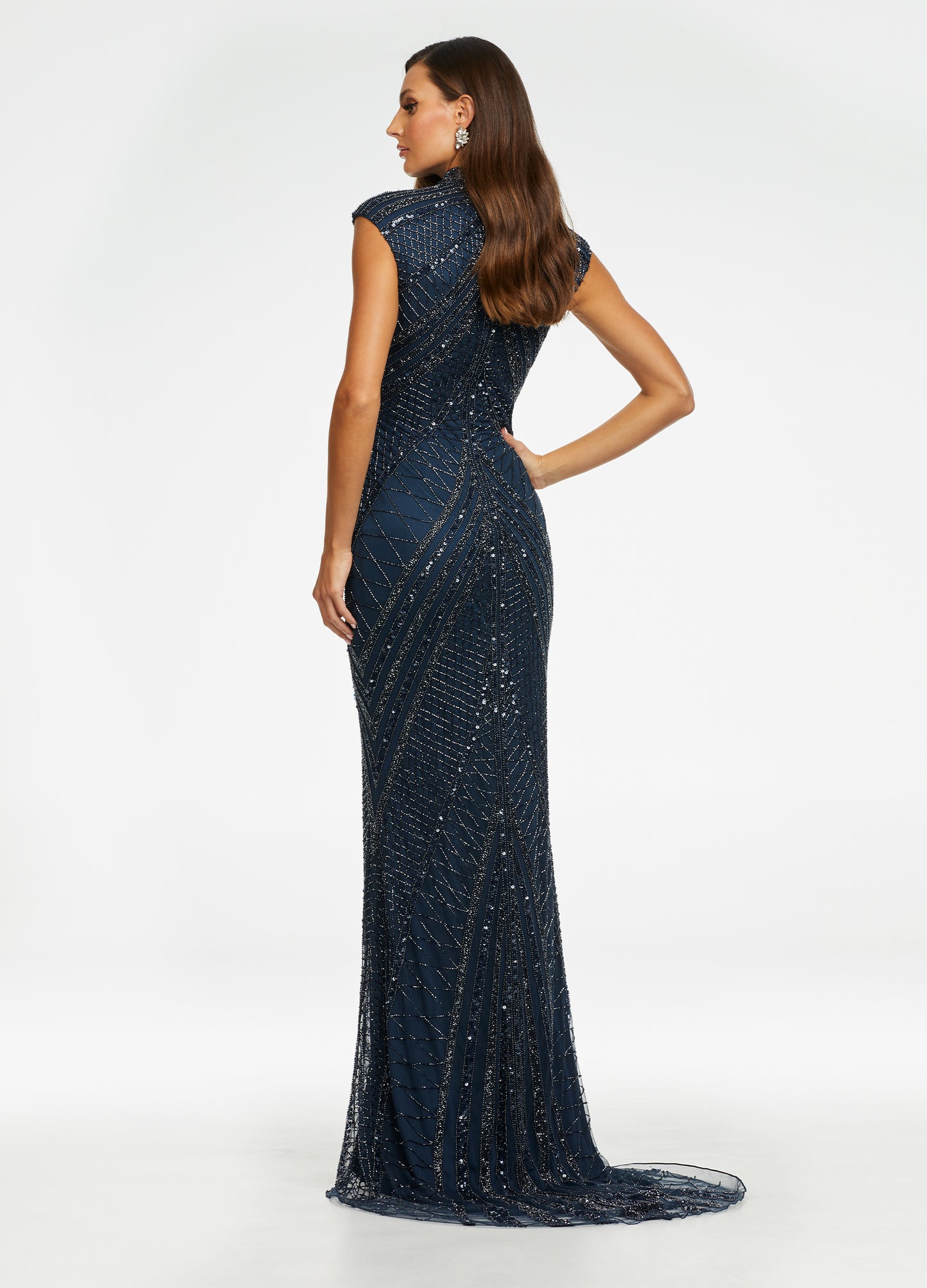 Ashley Lauren 1624 High Neck Beaded Evening Gown With Center Slit Cap Sleeves