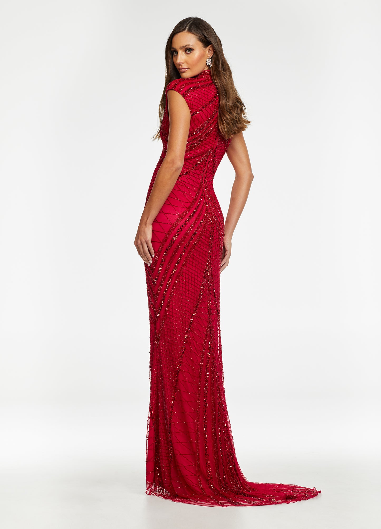 Ashley Lauren 1624 High Neck Beaded Evening Gown With Center Slit Cap Sleeves