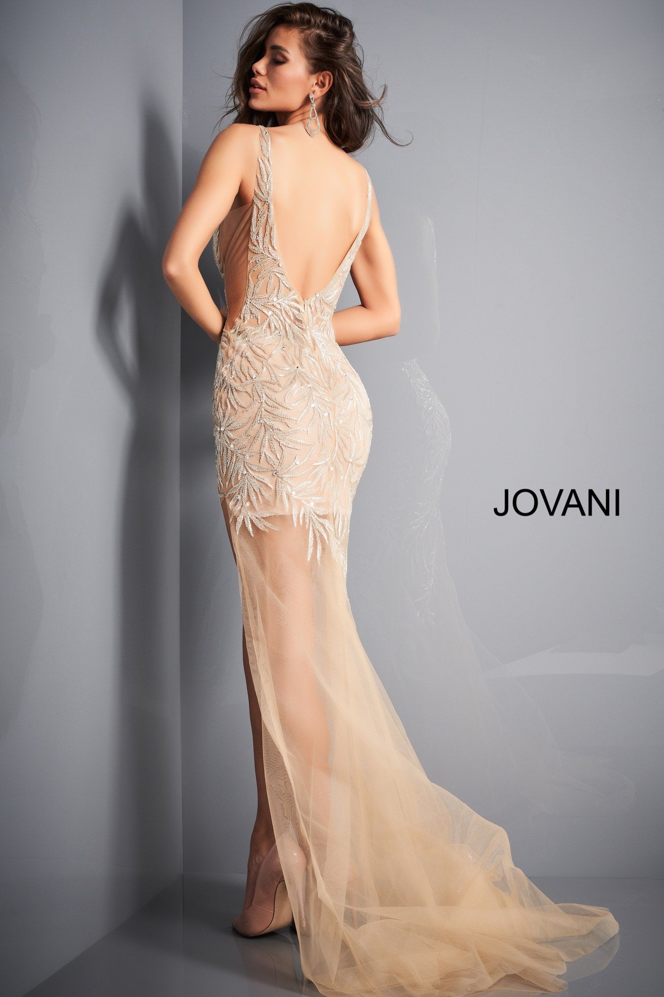 Jovani 1863 Long Fitted Sheer Beaded Formal Sexy Dress Slit Prom Pageant Crystal