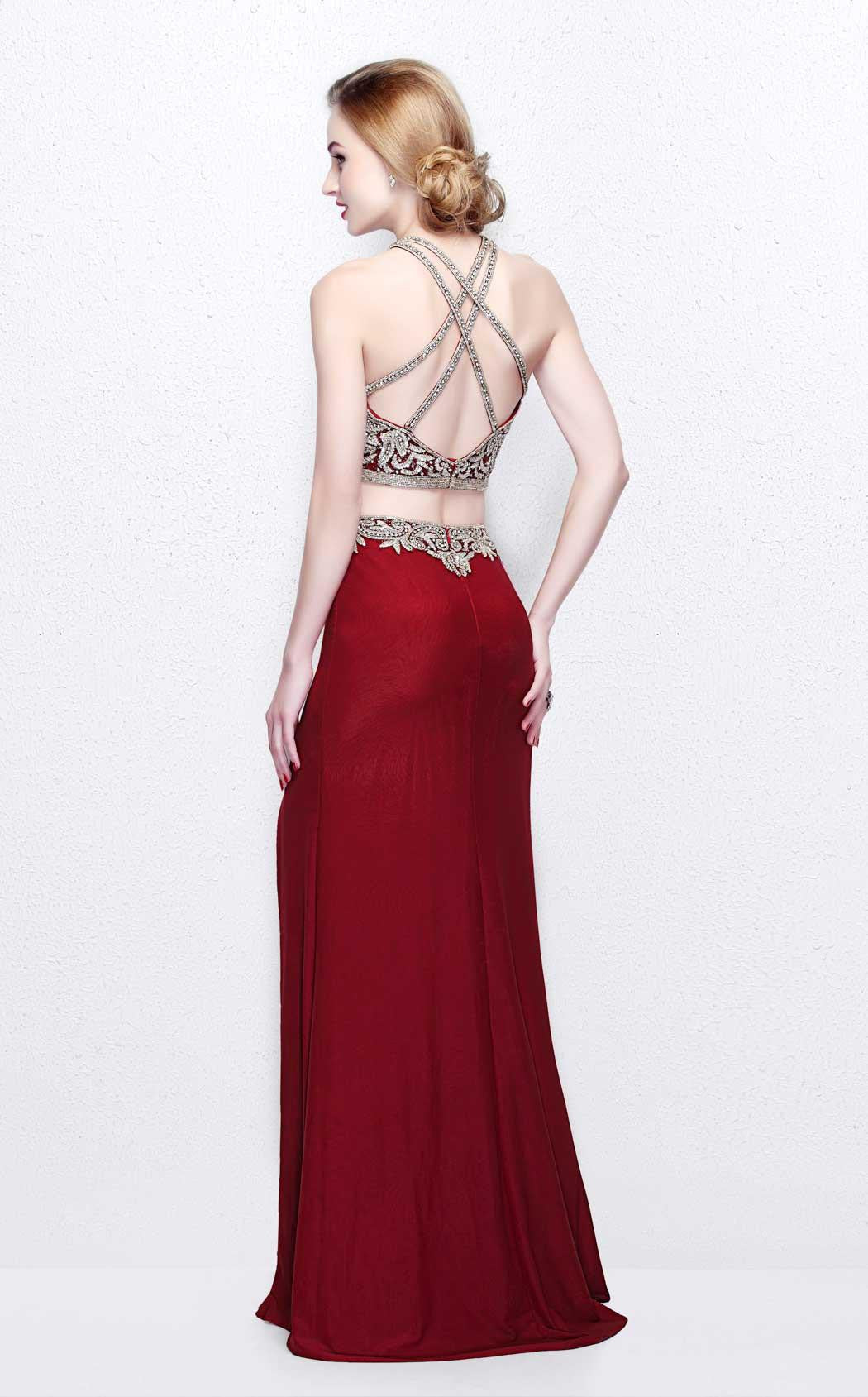 Primavera 1863 size 6 illusion Beaded two piece prom dress slit backless High Neck